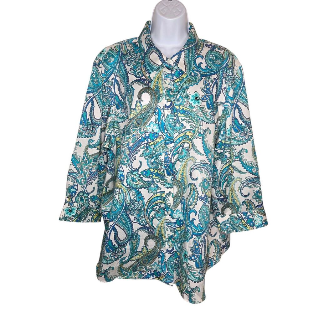NWOT Chaps Classics Women 3X No-Iron Cotton Paisley Button Down Shirt Blue Teal